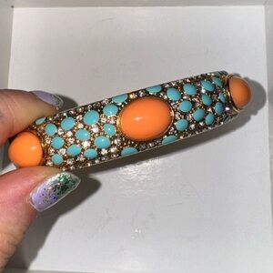 Vintage Gold Turquoise and Coral Bangle Bracelet